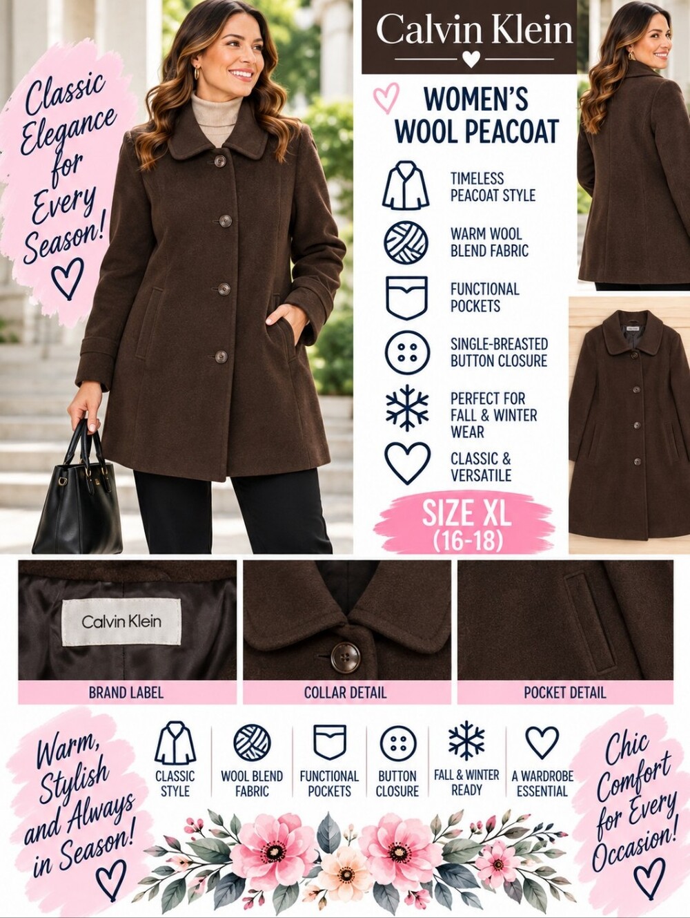 Calvin Klein Women's XL wool brown peacoat #35